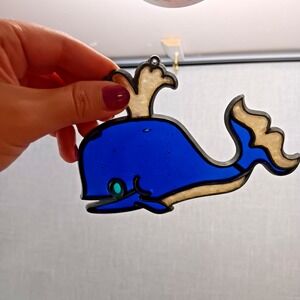 Vintage Blue Whale Suncatcher - Faux Stained Glass Ocean Sea Life Window Decor